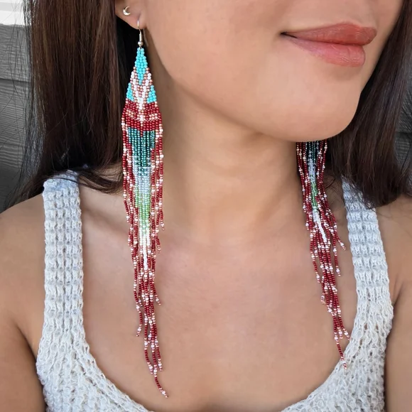 Raani Boho Beaded Fringe Earrings Handmade Long Statement Jewelry - Picture 3 of 3